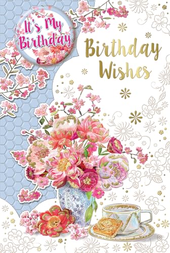 Geburtstagskarte mit Aufschrift "Express Yourself" – Weißes und graues Thema, schöne rosa Blumen mit Tee und schöner Dekoration. von Xpress Yourself
