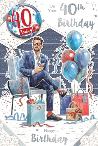 Geburtstagskarte zum 40. Geburtstag "Express Yourself" – weißes und graues Thema mit hübschem Jungen, der auf einem Stuhl sitzt und einigen Geschenken und Luftballons in der Nähe des Stuhls. von Xpress Yourself
