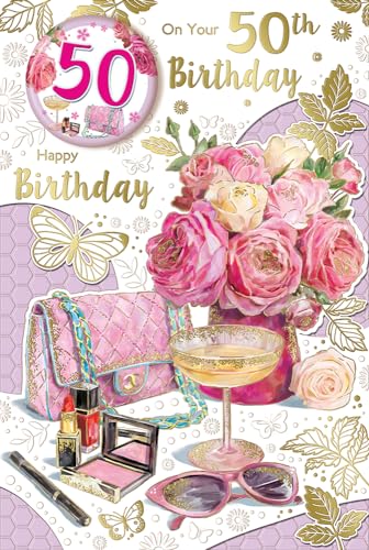 Geburtstagskarte zum 50. Geburtstag "Express Yourself" – weißes und rosa Thema mit einigen schönen rosa und weißen Rosen und schöner rosa Geldbörse und Sonnenbrille. von Xpress Yourself