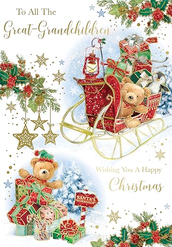 Weihnachtskarte "Express Yourself" an alle Urenkel - weißes Thema mit zwei Teddybären und einigen Geschenken mit Schlitten, wunderschöne Sterndekoration von Xpress Yourself