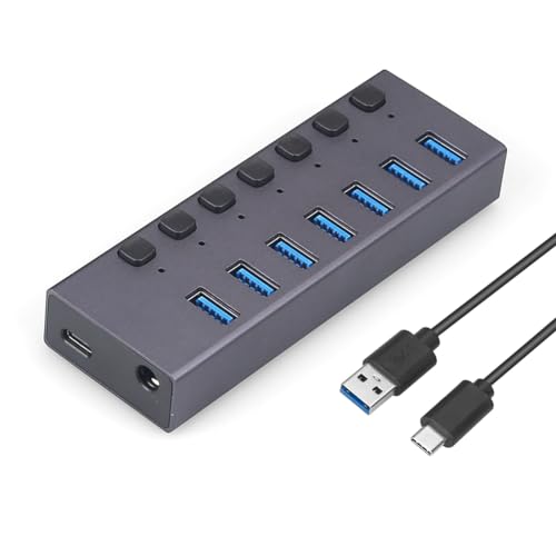 Xptieeck USB-3.0-Splitter, 7-Port-Ladegerät, Multi-Interface-Hub mit Schalter, langlebig, einfache Installation von Xptieeck