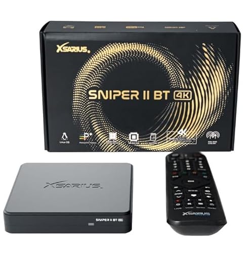 Xsarius, Sniper 2 Bluetooth 4K Linux TV Box, Lernbare Bluetooth Fernbedienung, Dualband WiFi WLAN, Internet Radio, YouTube, Premium 2 LIVE-TV App, HDR10, 8GB, 2X USB 2.0 + HM-SAT HDMI Kabel von Xsarius