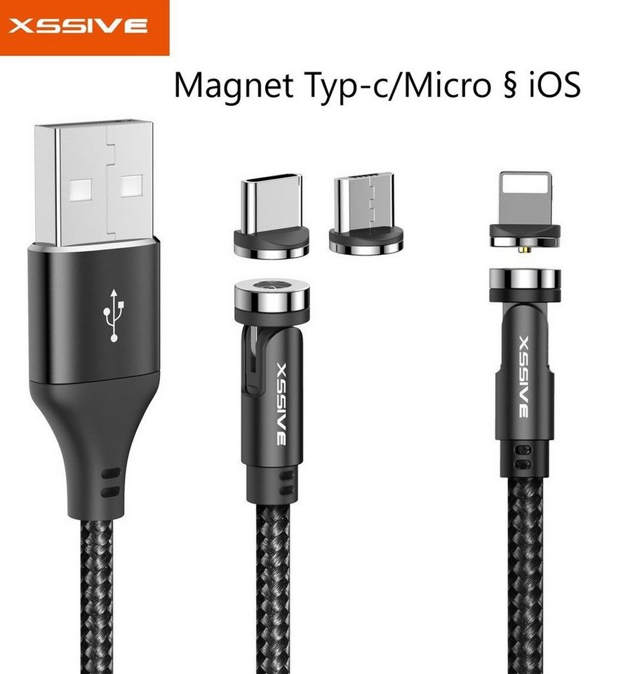 Xssive Charge & Sync Magnet Cable USB to IOS-TYP_C-MICRO Handy -Tablett magnetisches Ladekabel, USB Typ C-Micro, Lightning, Magnetischer Anschluss (100 cm), 2.4A Schnell-Ladekabel von Xssive