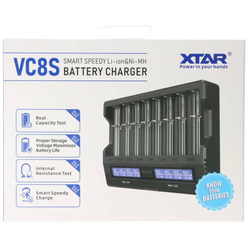 XTAR VC8S 8fach Schnell-Ladegerät für 1-8 Li-Ion 3,6V und 3,7V Akku und NiMH 1,2V Akku, USB-C-Ladeanschluss, max. 8A Gesamtleistung von Xtar