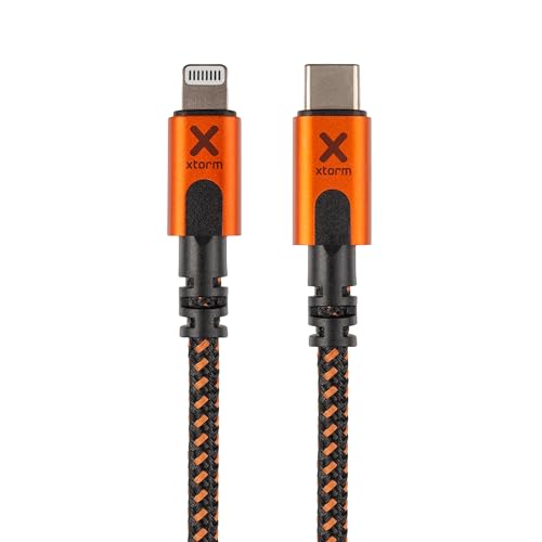 Xtorm Xtreme USB-C to Lightning cable (1,5m), robuster Steckverbinder, biegesicheres Kabel (33% Aluminium, 54% Nylongeflecht), XFLEX-Technologie, inkl. Kabelbinder, Schwarz/Orange von Xtorm