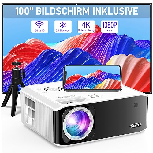 [Elektrischer Trapezkorrektur 6D/4P] Beamer, XuanPad 2024 Verbesserter Nativer 1080P 6G WiFi Bluetooth Beamer 4K unterstützt, 25000L HD Projektor mit Bildschirm und Stativ für iOS/Andriod/TV Stick von XuanPad