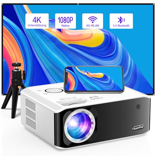 [Elektrischer Trapezkorrektur 6D/4P] Beamer, XuanPad 2024 Verbesserter Nativer 1080P 6G WiFi Bluetooth Beamer 4K unterstützt, 25000L Projektor mit Stativ für iOS/Andriod/TV Stick von XuanPad