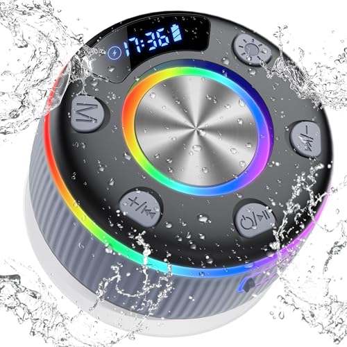Bluetooth Lautsprecher Dusche, Musikbox bluetooth mit 6 RGB Licht, IP7 Wasserdicht Duschlautsprecher mit Saugnapf, Tragbare Speaker mit 8H Stereo Sound, Freisprecheinrichtung für Badezimmer, Grau Bluetooth Lautsprecher Dusche, Musikbox bluetooth mit 6 RGB Licht, IP7 Wasserdicht Duschlautsprecher mit Saugnapf, Tragbare Speaker mit 8H Stereo Sound, Freisprecheinrichtung für Badezimmer, Grau von Xuevcn