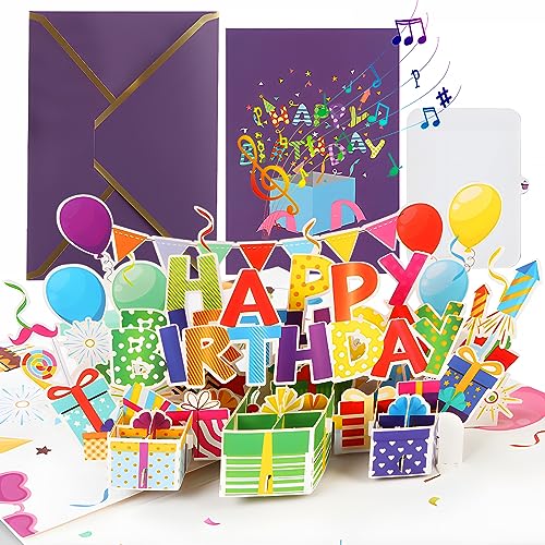 XunHe Geburtstagskarte mit Lichtern und Musik Happy Birthday, Musik-Geburtstagskarte, 3D Pop Up Singende Karte Geburtstag mit Umschlag und Nachrichtenanhänger für Kinder Frau Mann von XunHe