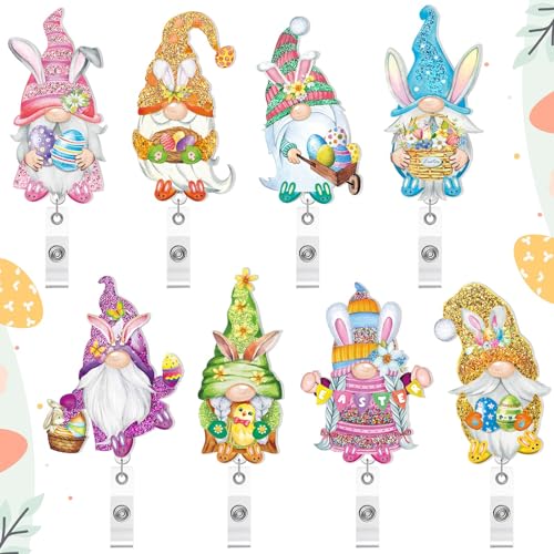 XunYee 8 Stück Oster-Zwerg Abzeichen-Spule, einziehbar, niedliches Hasen-Ei, Namensausweis mit Krokodilklemme, niedliches Kaninchen-Ei-Zwerg, einziehbarer Glitzer-Ausweishalter, Ostergeschenke für von XunYee
