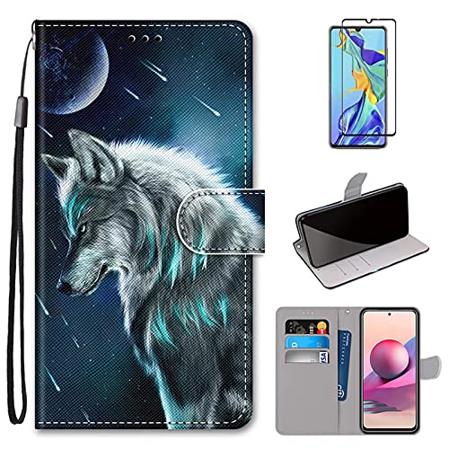 Xunlaixin Holster Hülle für Samsung Galaxy A32 5G, mit Displayschutzfolie, PU Leder Klapphüllen Handyhülle mit [Kartenfächern] Kratzfeste Wallet Case Flip-Cover (Mond und Wolf) von Xunlaixin