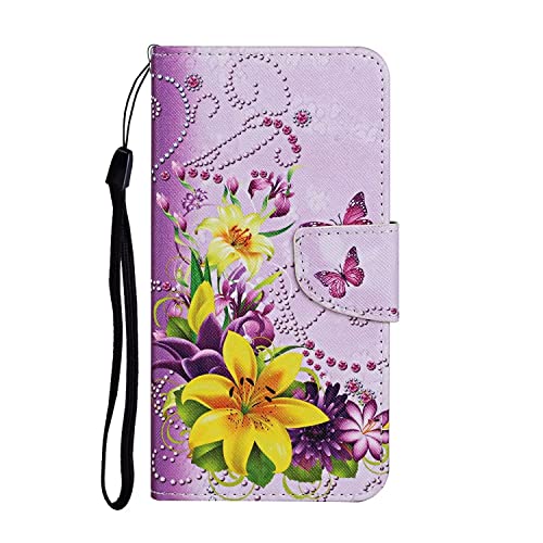 Xunlaixin Holster Hülle für Samsung Galaxy S22 Ultra, mit Displayschutzfolie, PU Leder Klapphüllen Handyhülle mit [Kartenfächern] Kratzfeste Wallet Case Flip-Cover (Blumen und Schmetterlinge) von Xunlaixin