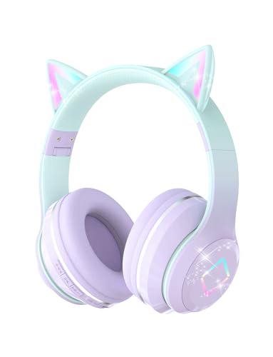 Xunpuls Bluetooth Kopfhörer Kinder,Kabellos Kinder Kopfhörer mit LED-licht Katzenohren und Mikrofon,HD Stereo Sound,faltbar,verstellbares Kopfband,Mädchen Kopfhörer für PC/Tablet/Lernen/Schule von Xunpuls
