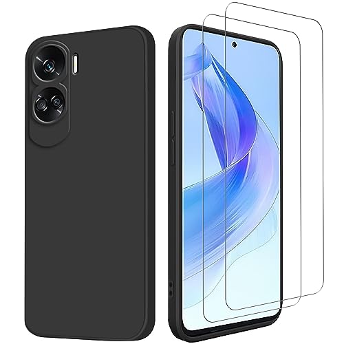 XunyLyee Hülle für Honor 90 Lite 5G 6.7" mit 2 Stück Displayschutzfolien, Anti-Kratzer Flüssigkeit Silikon Soft Case Schutzhülle - Schwarz von XunyLyee