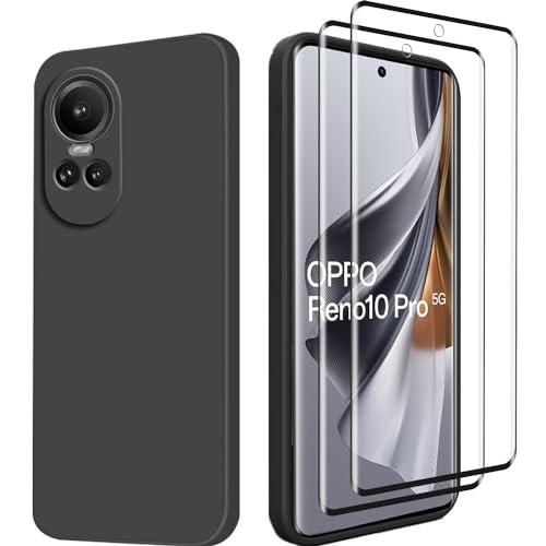 XunyLyee Hülle für Oppo Reno 10 / Reno 10 Pro 5G 6.7" mit 2 Stück Displayschutzfolien, Anti-Kratzer Flüssigkeit Silikon Soft Case Schutzhülle - Schwarz von XunyLyee