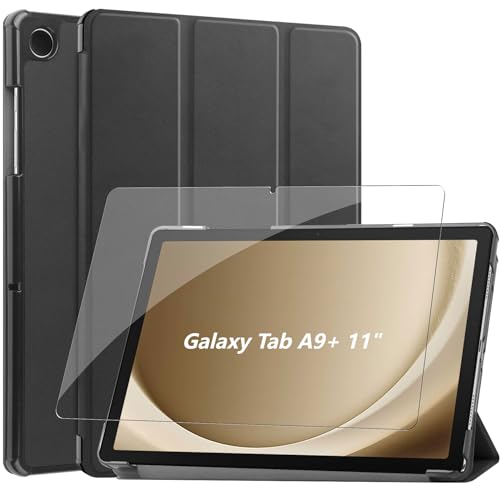XunyLyee Hülle für Samsung Galaxy Tab A9+/ A9 Plus 11.0" mit Schutzfolie - PU Leder Schutzhülle Auto Wake/Sleep - Schwarz von XunyLyee