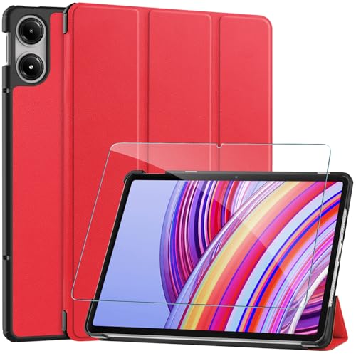 XunyLyee für Xiaomi Redmi Pad Pro Hülle 2024 (12.1 Zoll) Schutzhülle, Ultra Dünn mit Standfunktion PU Leder mit Panzerglas Schutzfolie - Rot von XunyLyee