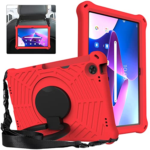 XunyLyee Kinder Hülle für Lenovo Tab M10 Plus (3rd Gen) 10.61 Zoll Schutzhülle Gehäusegriff mit 360° drehbarem Ständer/Schultergurt - Rot von XunyLyee
