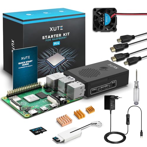 Xute Raspberry Pi 4 Modell B 8GB Starter-Kit mit 128GB SD-Karte, 5 V/3 A USB-C-Netzteil mit EIN-/Ausschalter, Kupferkühlkörper, PC/ABS-Gehäuse, Lüfter, 2 × HDMI-Kabel für Raspberry Pi 4B von Xute