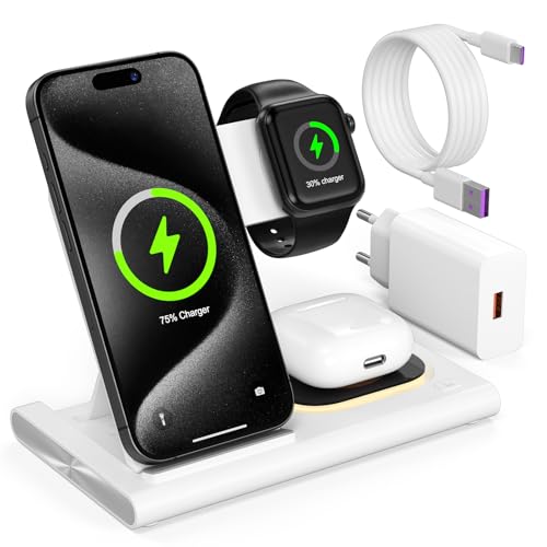 Ladestation Kompatibel mit Apple Watch und iPhone 16 15 14 13 12 11, 3 in 1 Induktive Ladegerät 15W Wireless Charger Für 16e Pro Max Plus Charging Station von Xwartre