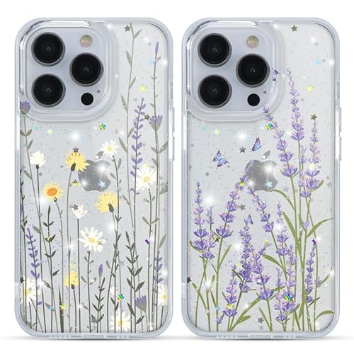 Xylota 2 Stück Glitzer Handyhülle für iPhone 14 Pro 6,1" Hülle, Transparent Aesthetic Blumen Muster Ultra Dünn Case, Weich Silikon TPU Durchsichtig Schutzhülle Hart PC Bumper Stoßfest Mädchen Cover von Xylota