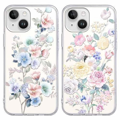 Xylota 2 Stück Handyhülle für iPhone 14/iPhone 13 6,1" Hülle, Durchsichtig Dünn Silikon Weich TPU Case mit Aesthetic Muster Blumen, Transparent Stoßfeste Kratzfest Schutzhülle Frauen Mädchen Cover von Xylota