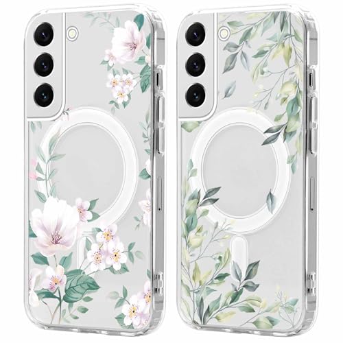 Xylota 2 Stück Magnetisch Hülle für Samsung Galaxy S22 5G 6.1 '' [Kompatibel mit MagSafe], Blumen Muster Mädchen Aesthetic Design Klare Handyhülle, Stoßfeste Transparent Schutzhülle für Samsung S22 von Xylota