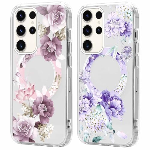 Xylota 2 Stück Magnetisch Hülle für Samsung Galaxy S23 Ultra 5G 6.8 '' [Kompatibel mit MagSafe], Aesthetic Mädchen Muster Design Klare Handyhülle, TPU Stoßfeste Transparent Schutzhülle, Blumen 1 von Xylota
