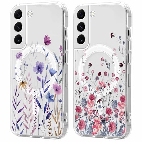Xylota 2 Stück Magnetisch Hülle für Samsung Galaxy S24+/S24 Plus 5G 6.7 '' [Kompatibel mit MagSafe], Mädchen Aesthetic Muster Design Klare Handyhülle, Transparent TPU Stoßfeste Schutzhülle, Blumen 4 von Xylota