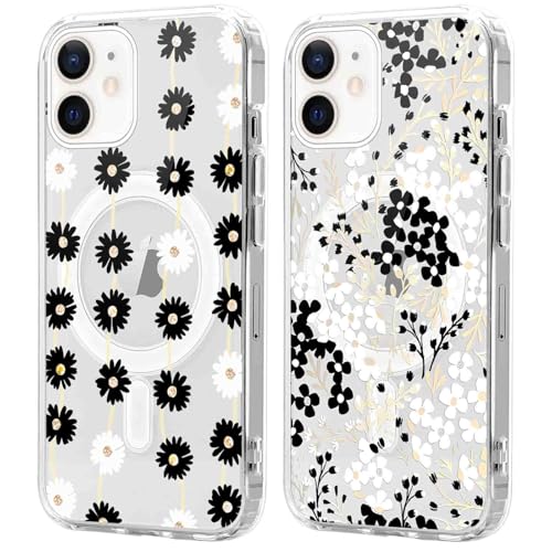Xylota 2 Stück Magnetisch Hülle für iPhone 12/12 Pro 6,1'' [Kompatibel mit MagSafe], Mädchen Aesthetic Muster Design Klare Handyhülle, Transparent TPU Stoßfeste Schutzhülle für iPhone 12 Pro, Blume 03 von Xylota