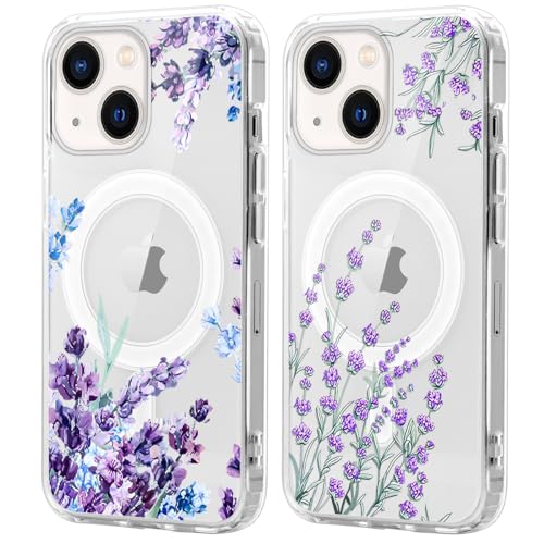 Xylota 2 Stück Magnetisch Hülle für iPhone 14/iPhone 13 6.1 '' [Kompatibel mit MagSafe], Lavendel Muster Mädchen Aesthetic Design Klare Handyhülle, TPU Stoßfeste Transparent Schutzhülle für iPhone 13 von Xylota