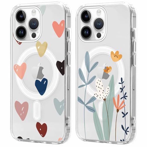 Xylota 2 Stück Magnetisch Hülle für iPhone 14 Pro Max 6.7 '' [Kompatibel mit MagSafe], Mädchen Aesthetic Muster Design Klare Handyhülle, Transparent Stoßfeste Schutzhülle für iPhone 14 Pro Max,Buntes von Xylota