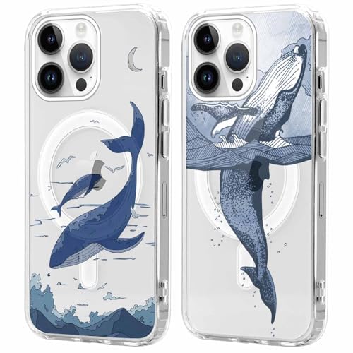 Xylota 2 Stück Magnetisch Hülle für iPhone 14 Pro Max 6.7 '' [Kompatibel mit MagSafe], Mädchen Aesthetic Muster Design Klare Handyhülle, Transparent Stoßfeste Schutzhülle für iPhone 14 Pro Max, Wal von Xylota