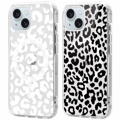Xylota 2 Stück Magnetisch Hülle für iPhone 15 6.1 '' [Kompatibel mit MagSafe], Leopard Muster Mädchen Aesthetic Design Klare Handyhülle, TPU Stoßfeste Transparent Schutzhülle für iPhone 15 von Xylota