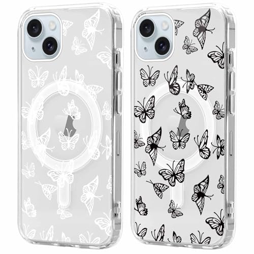 Xylota 2 Stück Magnetisch Hülle für iPhone 15 Plus 6.7 '' [Kompatibel mit MagSafe], Mädchen Aesthetic Muster Design Handyhülle, Transparent TPU Stoßfeste Schutzhülle für iPhone 15 Plus,Schmetterling von Xylota