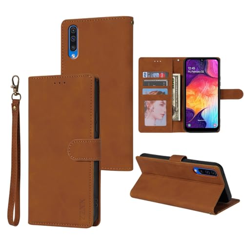 Xylota Handyhülle für Samsung Galaxy A50/A30S/A50s Hülle Leder mit Band 6.4", Premium PU Lederhülle Klappbar Flip Schutzhülle mit Handykette, Kartenfach Standfunktion Klapphülle für Samsung A50, Braun von Xylota