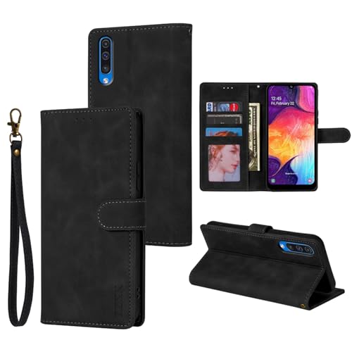 Xylota Handyhülle für Samsung Galaxy A50/A30S/A50s Hülle Leder mit Band 6.4",Premium PU Lederhülle Klappbar Flip Schutzhülle mit Handykette,Kartenfach Standfunktion Klapphülle für Samsung A50, Schwarz von Xylota