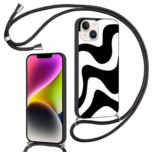 Xylota Handykette Handyhülle für iPhone 14 Plus 6,7" Hülle mit Band, Simple Wave Case mit Zebra Stripes Muster Wellen Design, Weich TPU Silikon Stoßfest Schutzhülle Cover zum Umhängen Kordel,Schwarz von Xylota