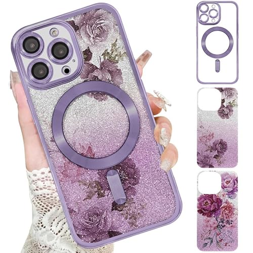 Xylota Magnetische Handyhülle für iPhone 15 Pro 6,1" Hülle mit 2 x Glitzer Karton, Aesthetic Blumen Muster Mädchen Case, Compatibel mit MagSafe, Weich Silikon Dünn TPU Stoßfeste Schutzhülle, Lila Xylota Magnetische Handyhülle für iPhone 15 Pro 6,1" Hülle mit 2 x Glitzer Karton, Aesthetic Blumen Muster Mädchen Case, Compatibel mit MagSafe, Weich Silikon Dünn TPU Stoßfeste Schutzhülle, Lila von Xylota