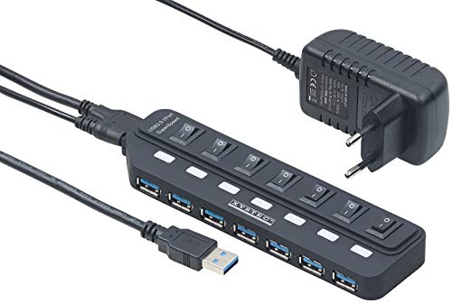 Xystec USB Leiste: Aktiver USB-3.0-Hub mit 7 Ports, einzeln schaltbar, 2-A-Netzteil (USB Umschalter, USB Switch, Festplatten Adapter) von Xystec