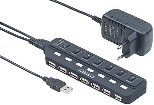 Xystec USB Verteiler: Aktiver USB-2.0-Hub mit 7 Ports, einzeln schaltbar, 2-A-Netzteil (USB Steckerleiste, USB Hub mit Schalter, Schaltbare Steckdose) von Xystec