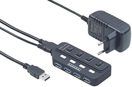 Xystec USB Verteiler: Aktiver USB-3.0-Hub mit 4 Ports, einzeln schaltbar, 2-A-Netzteil (USB Hub Schalter, Computer Zubehör, Festplatten Adapter) von Xystec