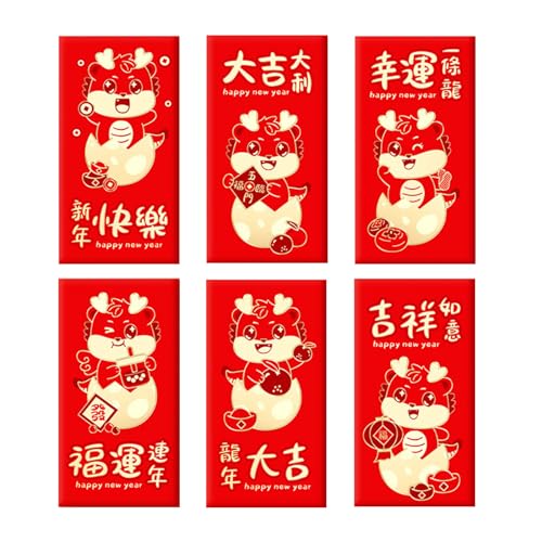 Frühlingsfeste, chinesische Pakete mit Cartoon-Drachenmuster, Umschläge, Glücks-Geldbeutel zum Verschenken, Feiern, geprägtes Design, 6 Stück von Xzmzbxzb