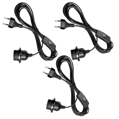 Y.W.Licht E27 Lampenfassung Kit mit Schalter Stecker 4M Kabel E27 Lampensockel mit Schraubring Schwarz DIY Fassung für Lampenaufhängung, Pendelleuchte, Deckenlampe in Küche und Zimmer (3 Stück) von Y.W.Licht