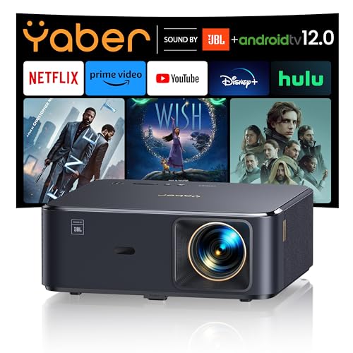 Beamer 4K mit Android TV 12.0, Sound by JBL, Dolby Audio, NFC, Autofokus, Auto Trapezkorrektur, WiFi6, Bluetooth, YABER K2s 800 ANSI 1080P Full HD Beamer Heimkino 300" Display Video Projektor Outdoor von YABER