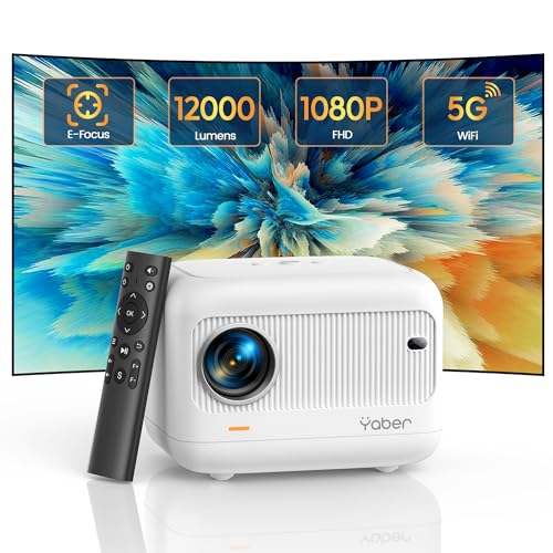 Elektrischer Fokus Mini Beamer, Video Heimkino Beamer 4K Unterstützt, 12000 Lumen Full HD 1080P 5G WiFi Bluetooth Beamer, YABER E1 Tragbarer LED Projektor Kompatibel mit Fire Stick/iOS/Android/PS5 von YABER