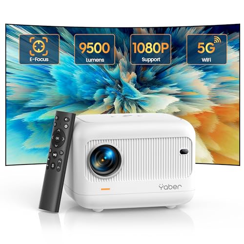 Elektrischer Fokus Mini Beamer, 1080P Video Heimkino Beamer 4K Unterstützt, Full HD 5G WiFi Bluetooth Beamer, YABER E1 Handy LED Projektor Kompatibel mit Fire Stick/iOS/Android/PS5 von YABER
