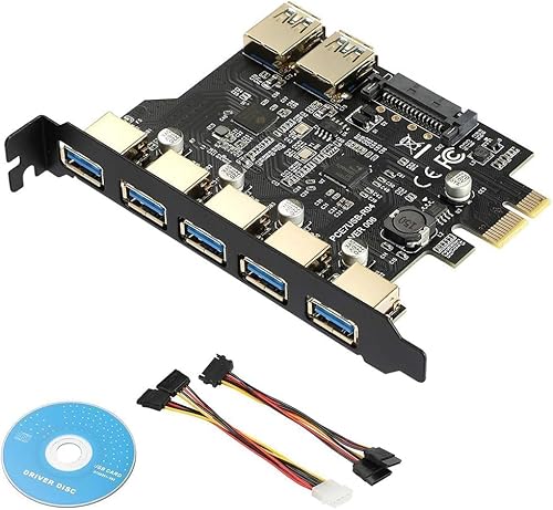 YABOANG PCle auf USB 3.0 7 Ports Karte mit 15-poligem SATA-Stromanschluss, USB 3.1 3.2 PCIe Erweiterungskarte Gen1 Interner Hub Konverter Controller Karten 5 Gbit/s für Windows XP/Vista/7/8/10/Linux von YABOANG