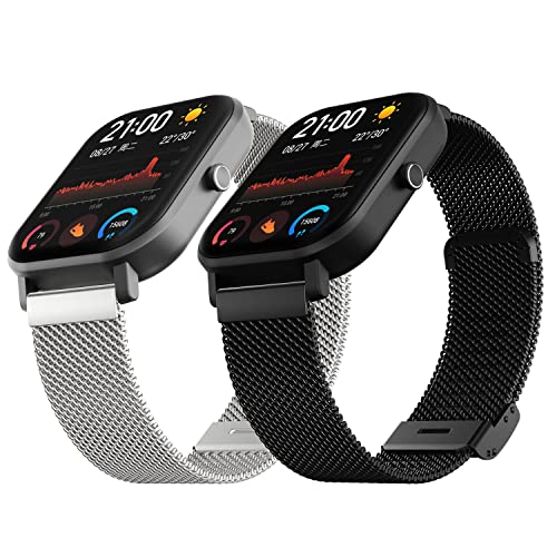 YABZOZ Armband Edelstahl Metall Ersatzarmband Kompatibel mit Amazfit GTS 3 / GTS/GTS 2 / GTS 2e/ GTS 2 Mini/GTR 42mm / Bip/Pop/Pop Pro Armband (Silber/Schwarz) von YABZOZ