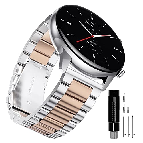 YABZOZ Armband Kompatibel mit Amazfit GTR 2 / GTR 2e / Stratos 3 / GTR 47mm / GTR 3 / GTR3 Pro Metall 22mm Armband (Silber/Roségold) von YABZOZ